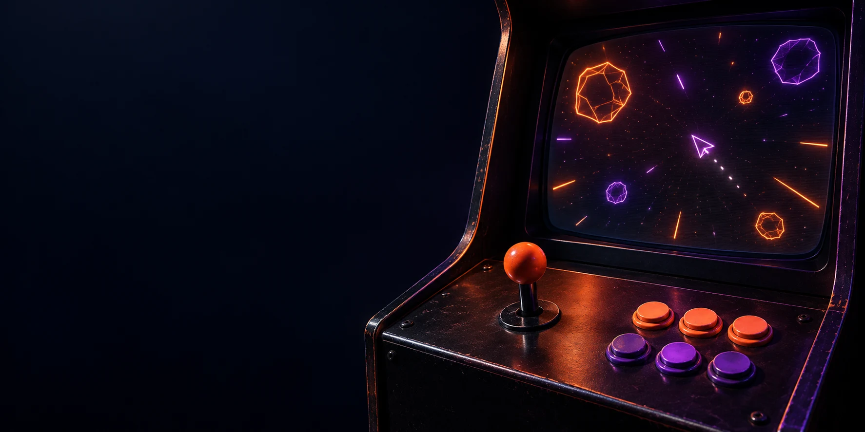 A retro arcade cabinet with a glowing screen and tactile orange and violet controls