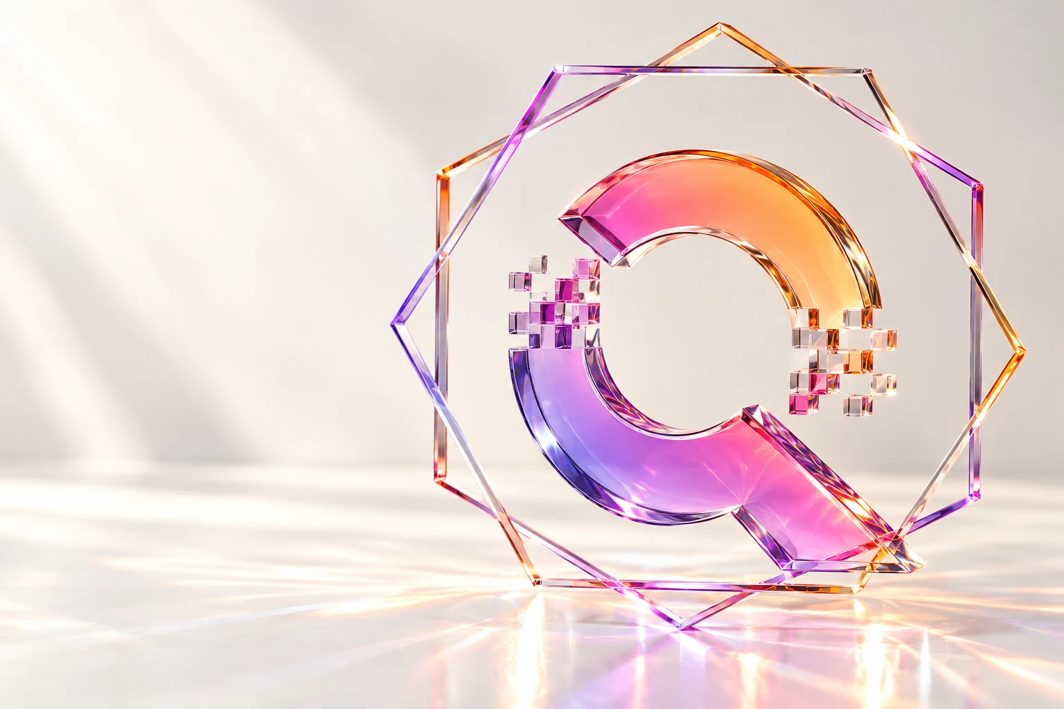 An optical-glass sculpture inspired by the QUONtech logo, lit with orange and violet