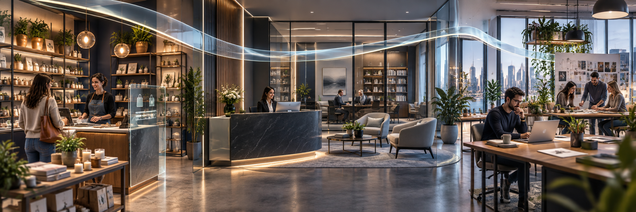 Concept illustration connecting a retailer, a professional office and an independent business through one glass ribbon